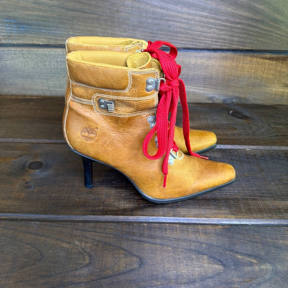 Timberland Y2K Special Edition Tan Leather Heeled Ankle Boots Women Size 9 M Vtg